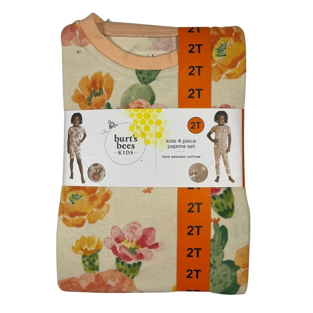 Burt's Bees Baby Kids 4 Piece Pajama Set 2T Orange Llamas Cactus Organic Cotton